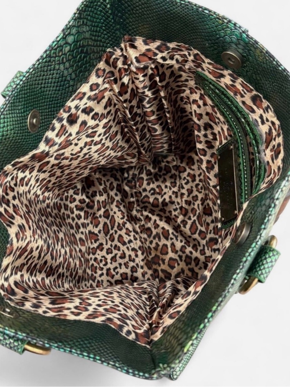 RARE Christian Audigier Emerald Metallic Snakeskin Tote Bag Rhinestone Y2K - Picture 2 of 8